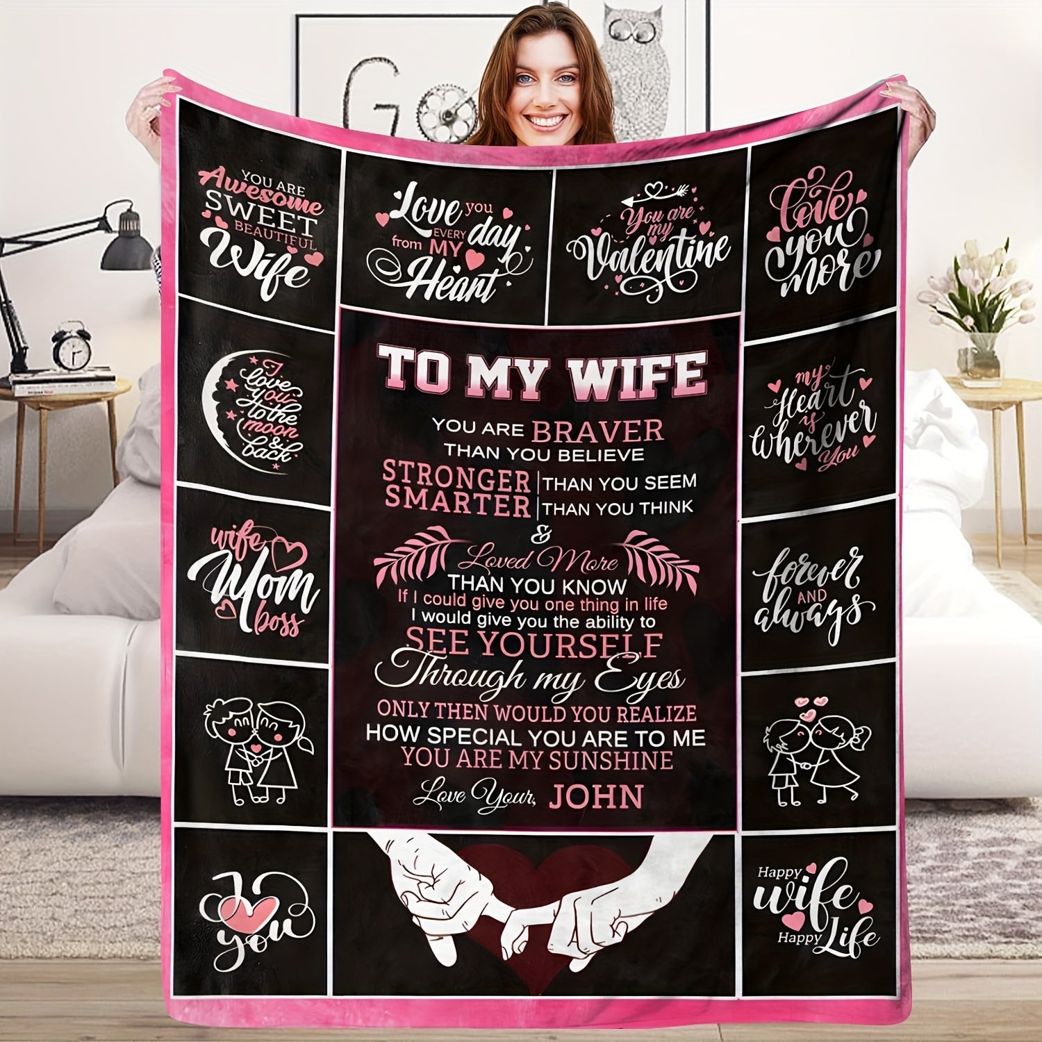 Personalized Romantic Love Message Flannel Throw Blanket for Wife - Soft, Cozy, All-Season Lodge Style with Knitted Polyester, Digital Print Character Theme, Special Feature Love Statements, 200-250g Lootquake LLC