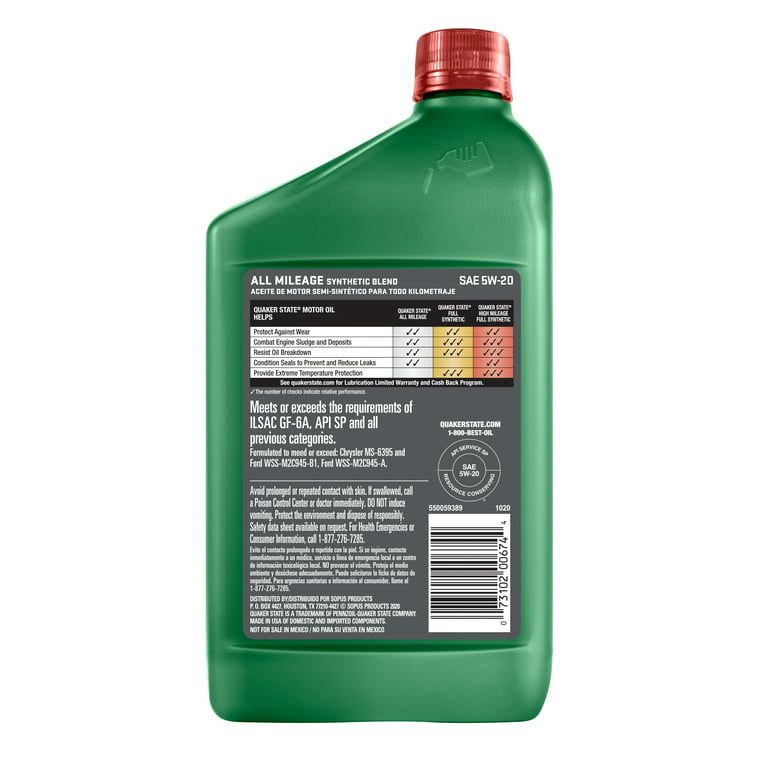 Quaker State All Mileage Synthetic Blend 5W-20 Motor Oil, 1 Quart