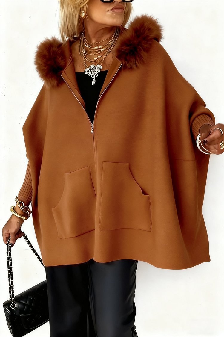 Women's Plush Hooded Cardigan - Batwing Sleeve Zip Up Knitted Jacket with Pockets