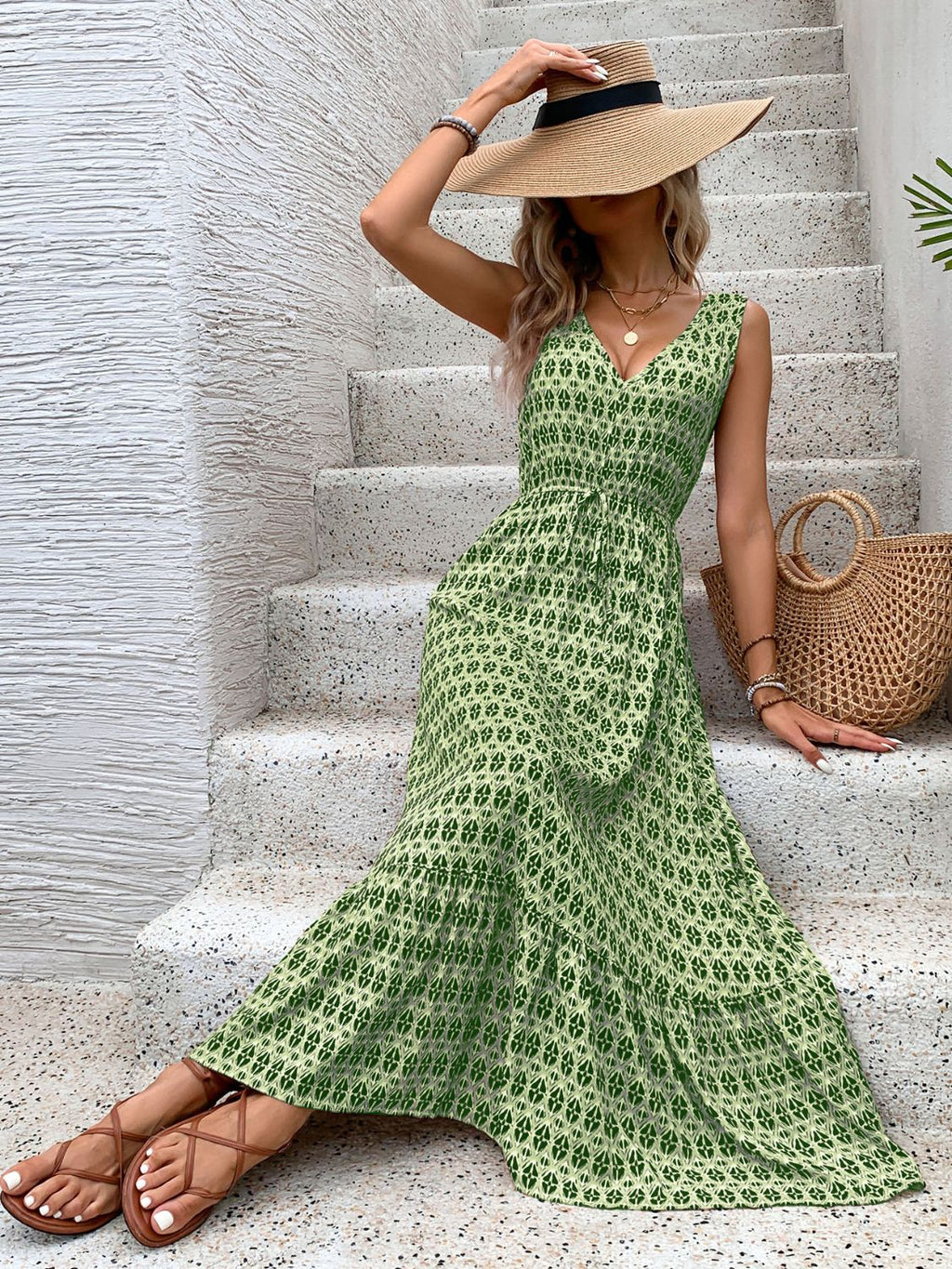 Vintage Printed V-Neck Tie Waist Midi Dress Lightweight Trendy & Elegant Dress for Women Stevvex