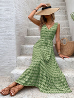 Vintage Printed V-Neck Tie Waist Midi Dress Lightweight Trendy & Elegant Dress for Women Stevvex