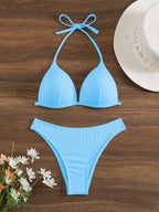 Bikini Rib Knit Solid Color Triangle 2 Piece Swimsuit for Women – Adjustable Tie Back Halter Bikini Set with Spaghetti Straps – High Stretch Polyester Swimwear for Summer Beachwear Poolside Relaxation and Tropical Vacation