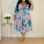 Plus Size Women's Abstract Watercolor Floral Print V-Neck Wrap Midi Dress 3/4 Sleeve Elegant Look Purplish Diva