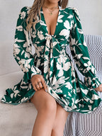 Feminine Lilac Ruffled Printed Long Sleeve Dress Summer Cute Midi Dress