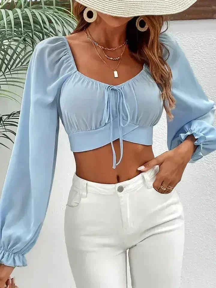 Light Blue Honey Raglan Sleeve Cropped Blouse | Femstylo - SJB-DIAMOND ELITES