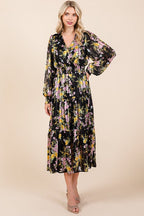 Flower Print Satin Lurex Stripe Smocked Midi Dress For Summer – Elegant and Sparkling Floral Dress with Tiered Design