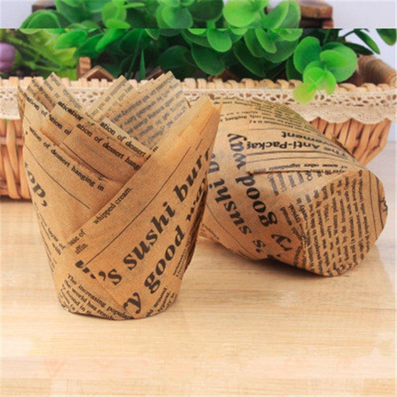 50pcs Newspaper Style Cupcake Liner Baking Cup For Wedding Party Muffin Cupcake Paper Cup Oilproof Cake Wrapper Cupcake Baking Cups Muffin Baking Liners Holders Cupcake Wrapper Brown White Bright Nature Color Stevvex