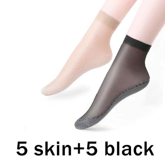 5/10 Pairs New Summer Velvet Silk Women Socks Pack Cotton Bottom Soft Fashion Ultrathin Breathable Transparent Socks Set Stevvex