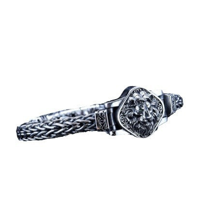 S925 Sterling Silver Vintage Hand-woven Domineering Lion Bracelet Ethnic Style Pi-Mart