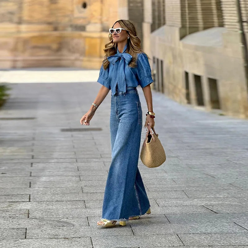 Chic Vintage Bow Lace Women Denim Shirts Pants Sets Baggy Ruff Sleeves Lady Tops Jeans Casual Office Work Elegant Fashion Suits Purplish Diva