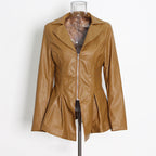 Suit Collar Hem Ruffled Slim-Fit Motorcycle PU Leather Jacket Pi-Mart
