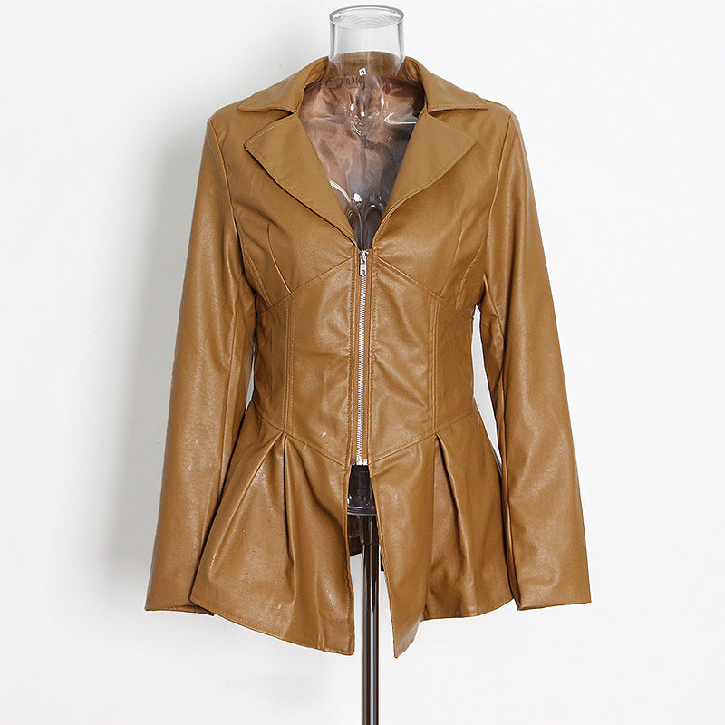 Suit Collar Hem Ruffled Slim-Fit Motorcycle PU Leather Jacket Pi-Mart