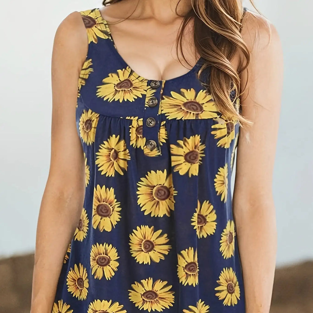 Ladies' Sunflower Print Casual Elegant Style Button Knit Detail Fashionable Vest - SJB-DIAMOND ELITES