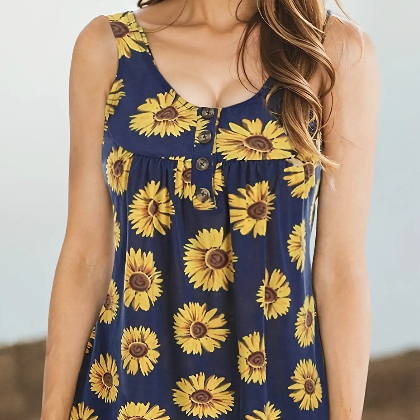 Ladies' Sunflower Print Casual Elegant Style Button Knit Detail Fashionable Vest - SJB-DIAMOND ELITES