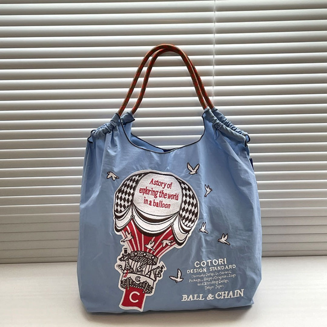 Simple hot air balloon pattern tote bag, embroidered eco-friendly cloth bag for women, nylon portable shoulder bag - SJB-DIAMOND ELITES