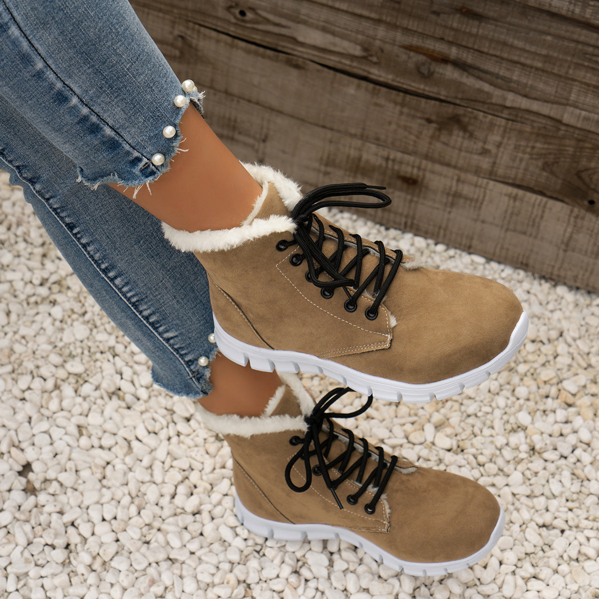 Lace-up Flats Plush Shoes Fashion Women's Boots Pi-Mart