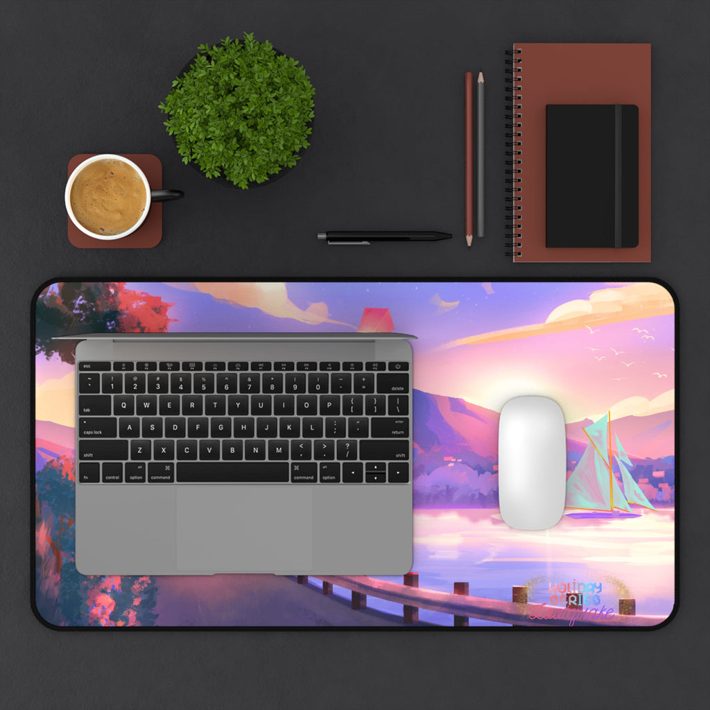 Sunset Lakeside Desk Mat — Pastel Scenic Mouse Pad with Sailboat Lootquake LLC