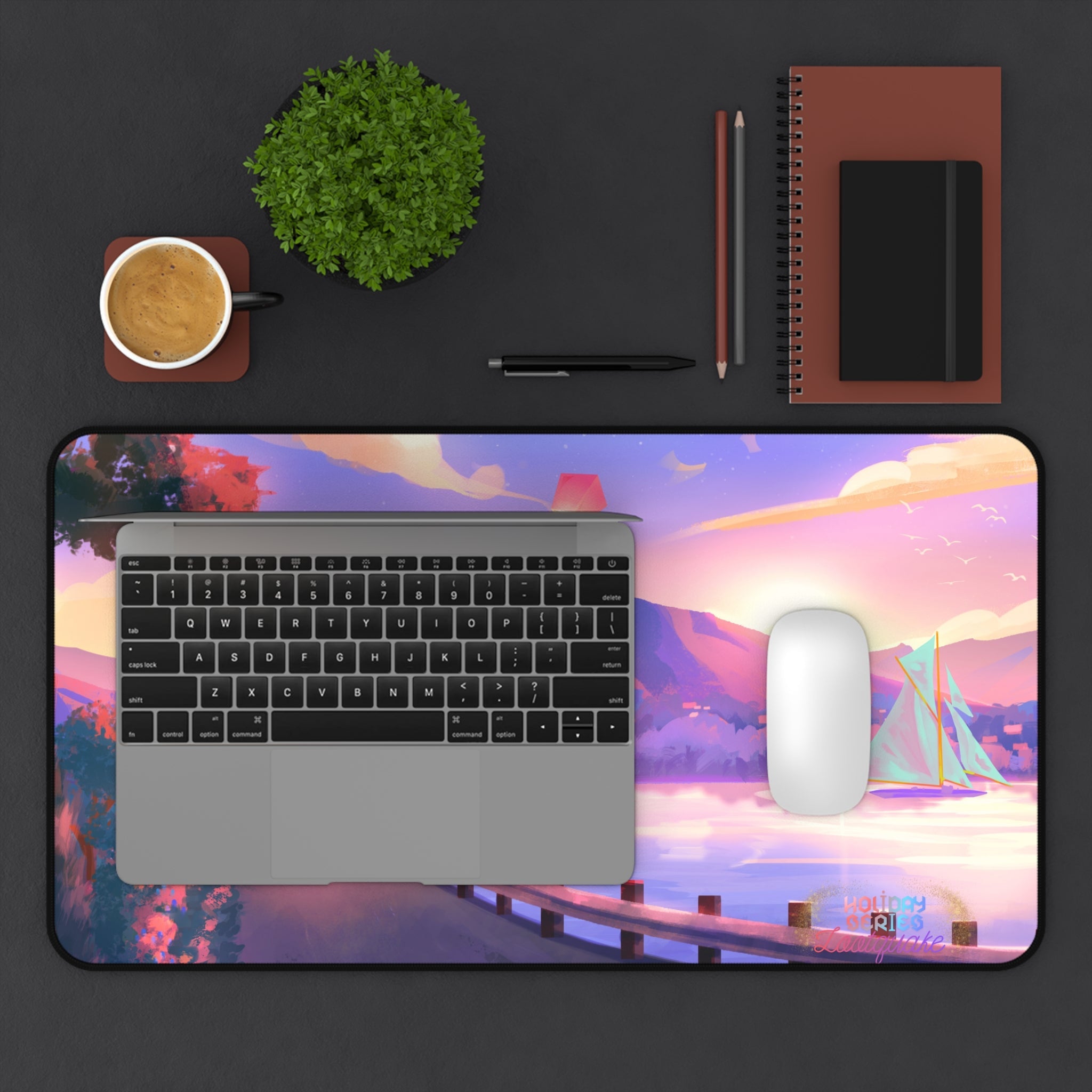 Sunset Lakeside Desk Mat — Pastel Scenic Mouse Pad with Sailboat Lootquake LLC