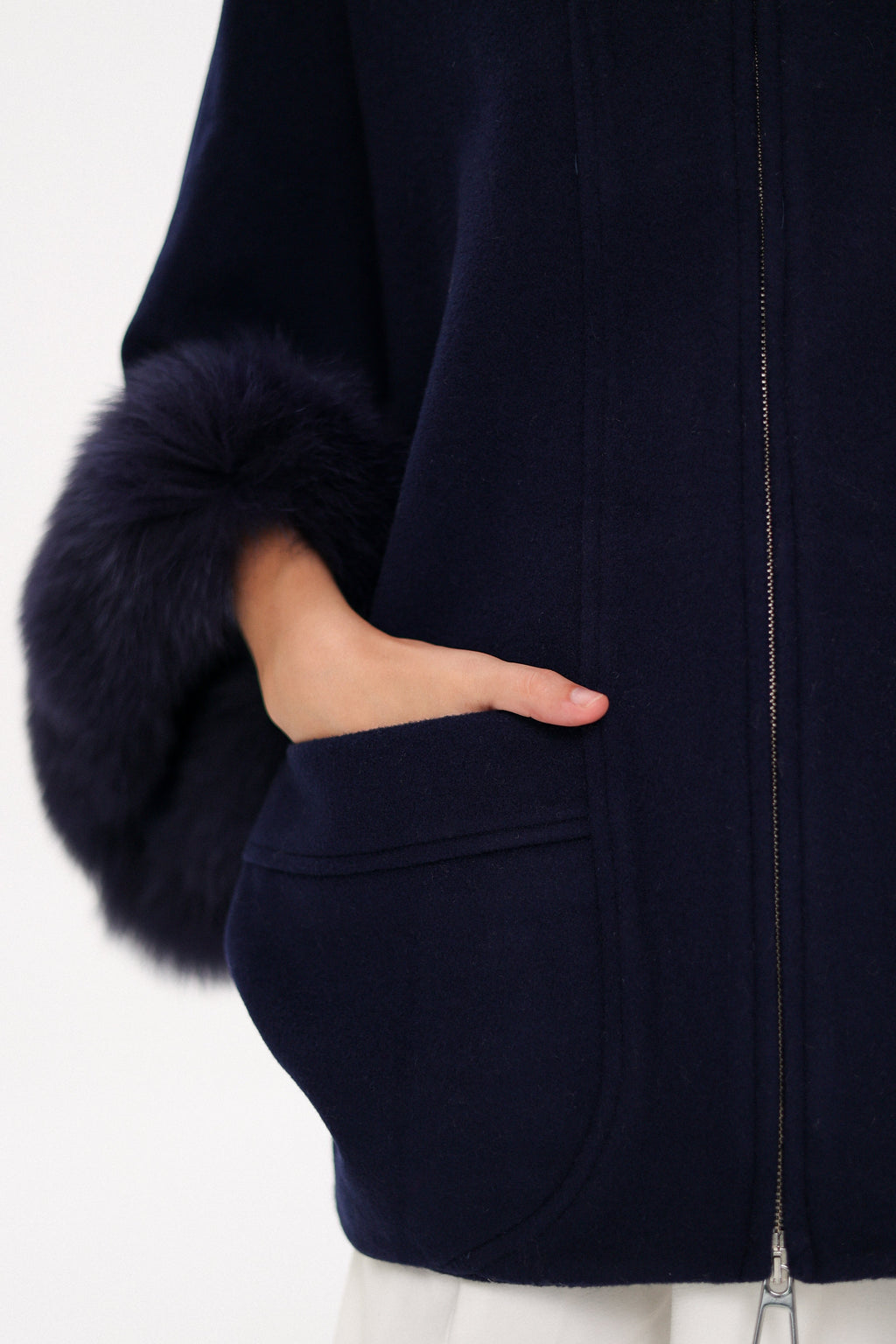 Genuine Polar Fox Fur Cashmere Blend Poncho in True Navy - SJB-DIAMOND ELITES