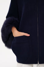 Genuine Polar Fox Fur Cashmere Blend Poncho in True Navy - SJB-DIAMOND ELITES