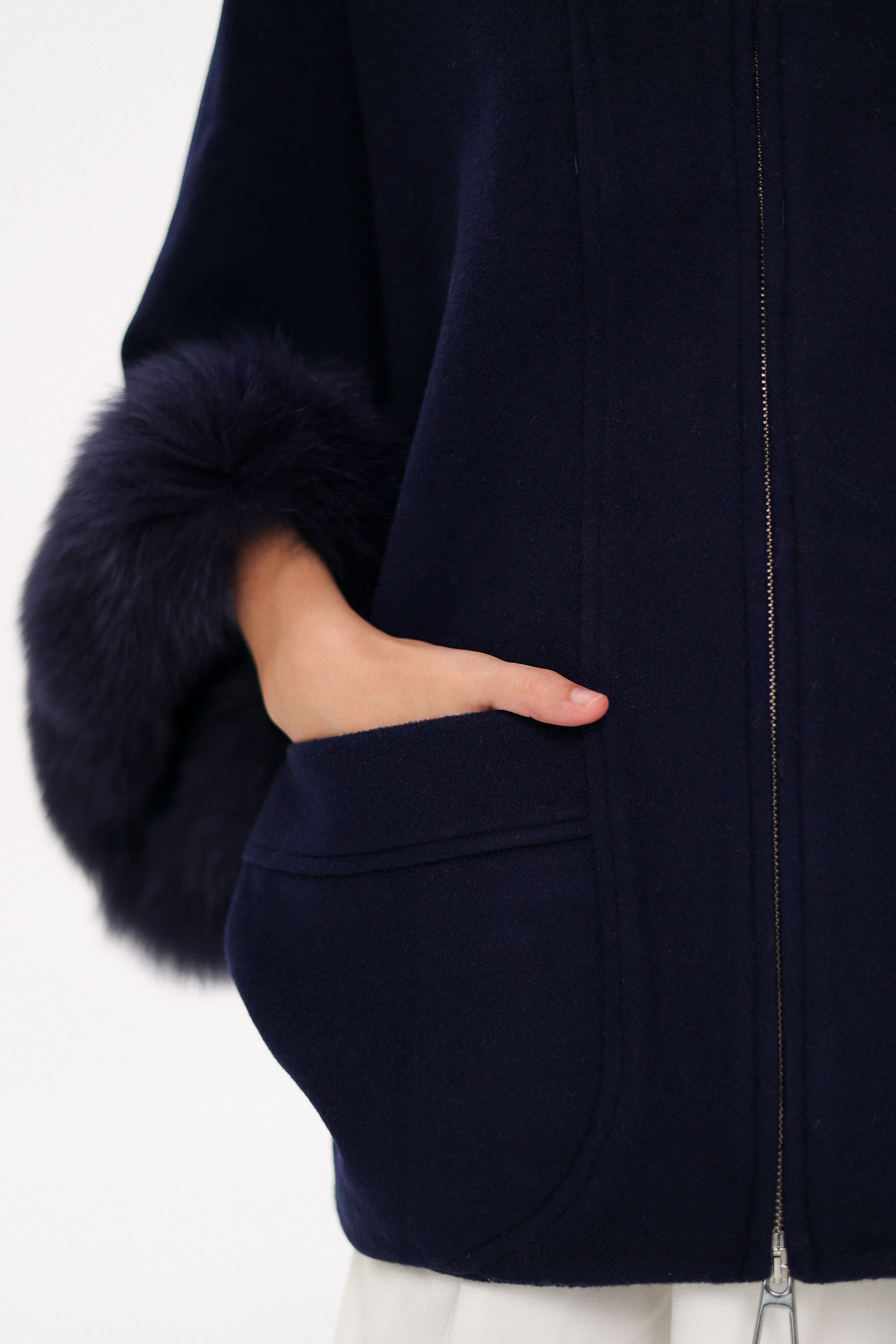 Genuine Polar Fox Fur Cashmere Blend Poncho in True Navy - SJB-DIAMOND ELITES