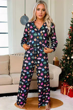 Navy Blue Colorful Christmas Lights Print Shirt and Pants Pajama Set