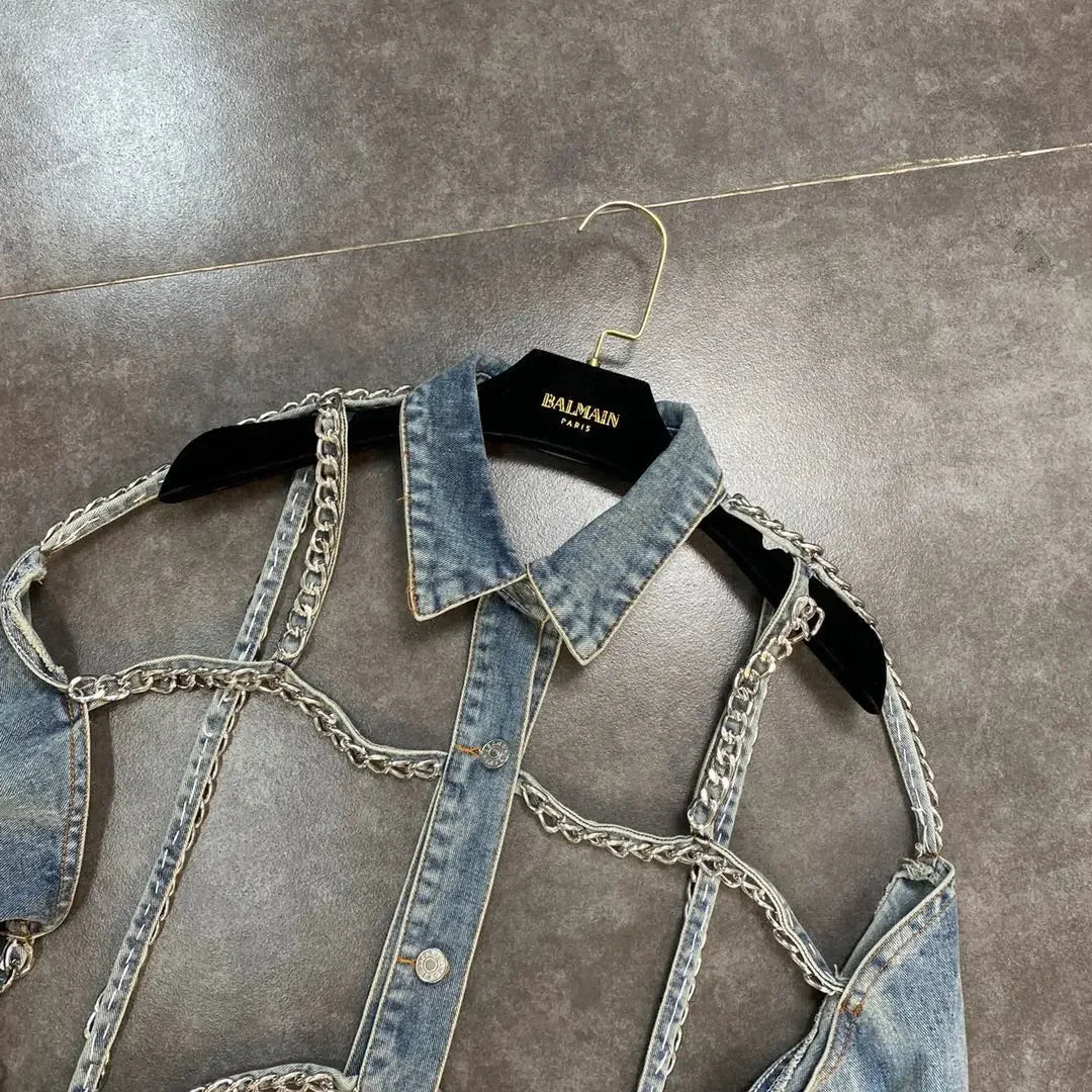 Denim Jacket 2023 Spring Summer Lapels Long Sleeve Chain Hollow Cool Handsome Street Denim Long Sleeve Jeans Jacket for Women Purplish Diva