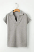 White Textured V Neck Collared Split Hem T Shirt