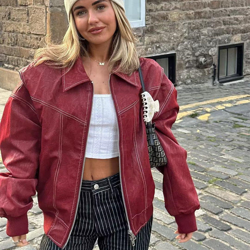 Loose Fashion Lapel Zip-up Jacket Cool Long Sleeve Zipper Closure Moto Biker Leather Jacket Womens Clothing Pi-Mart