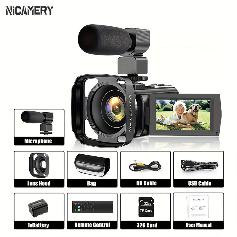 Nicamery 16x Efficient Zoom - 1080P HD Camera with Beauty Anti-Shake, External Microphone Support - Full HD 2400 Pixel Webcam Digital Camera with Remote Control, Lens Hood, 1000mah Batteries 2pcs, Ultra Long Life, 32G TF Card Lootquake LLC