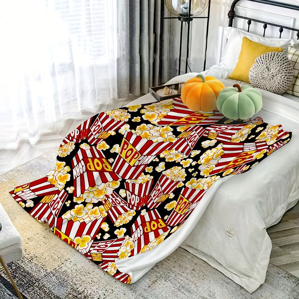 1pc Cozy Cinema Popcorn Blanket - Soft Breathable Flannel Plush, Retro Food Print Design, Suitable for Bed, Sofa, Office, Camping, and Outdoor Use - Machine Washable, Lightweight, and Warm Lootquake LLC