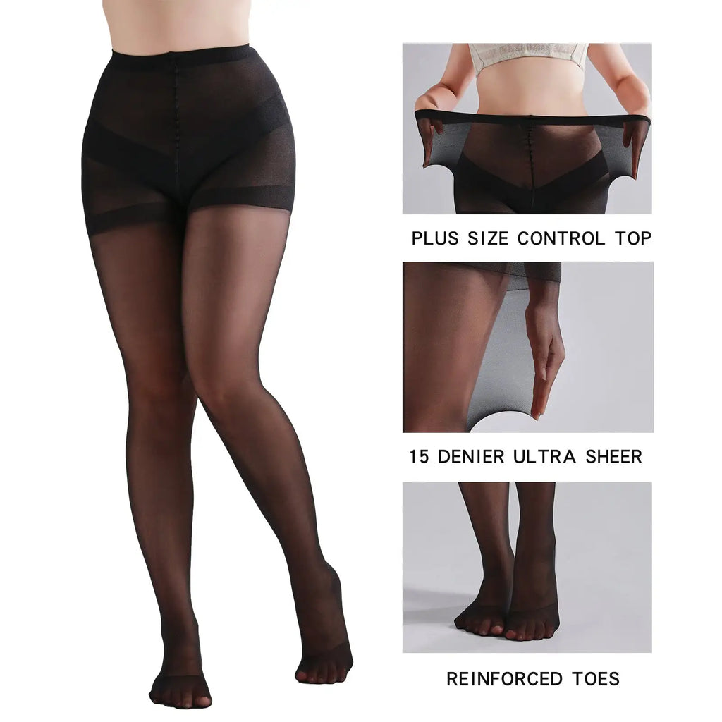 3 Pairs Plus Size Womens Sheer Tights 20D High Waist Control Top Pantyhose With Reinforced Toes - SJB-DIAMOND ELITES