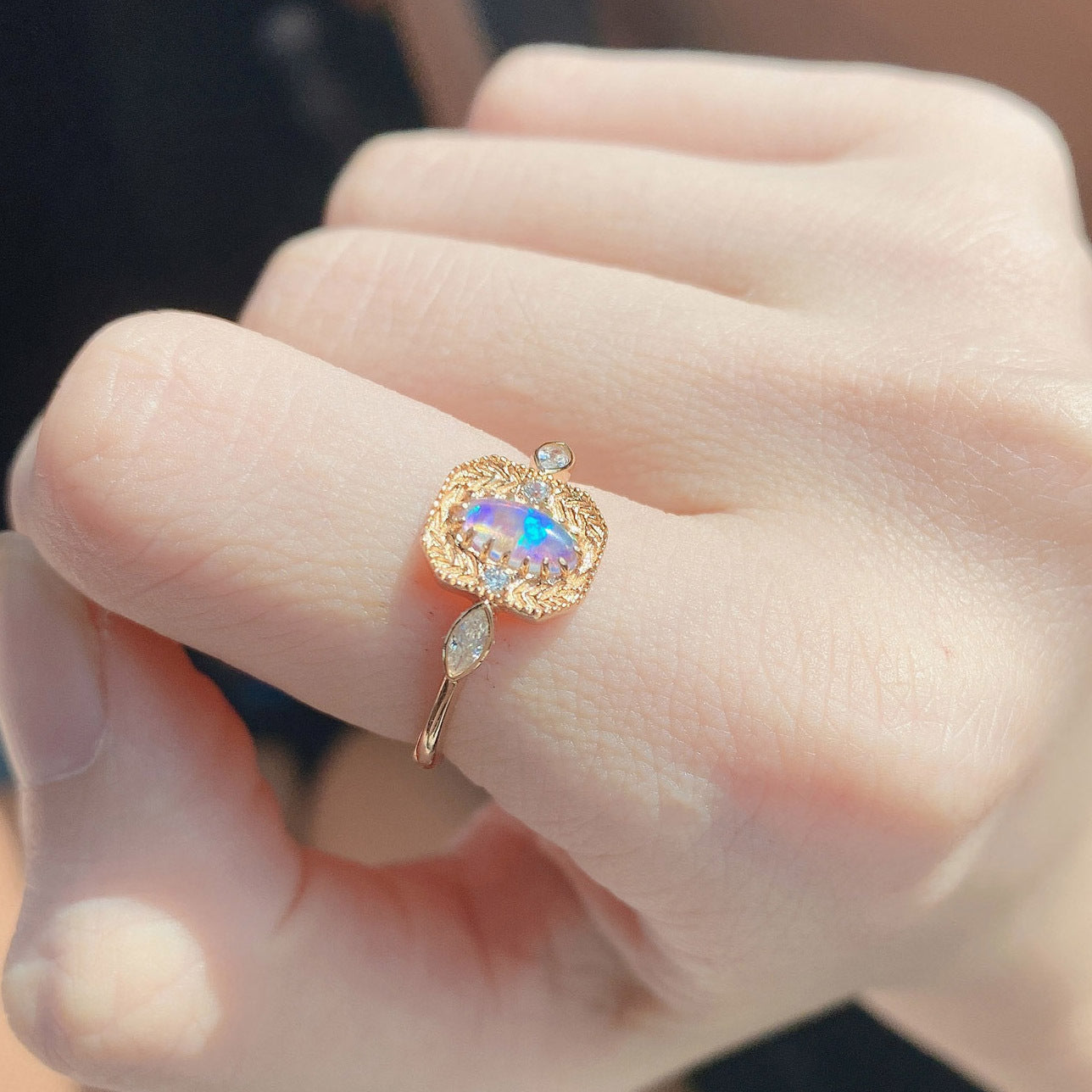 S925 Silver Wheat Ear Of Rice Opal Opal Ring Light Luxury Jewelry Pi-Mart