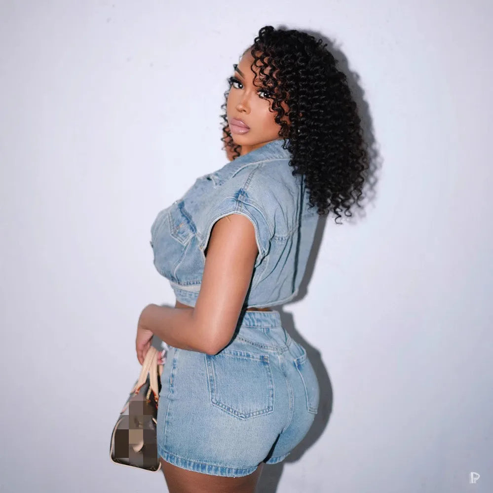 Y2k Fashion Washed Denim Women Shorts Set 2025 Summer Street Wear Sexy Clothes Jean Patchwork Two 2 Piece Matching Sets Outfits Purplish Diva