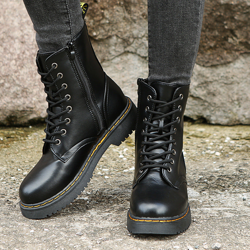 Fashion Lace-up Boots For Women Autumn And Winter Black White Zipper Mid-calf Boots Elegant Low Heel Shoes Pi-Mart