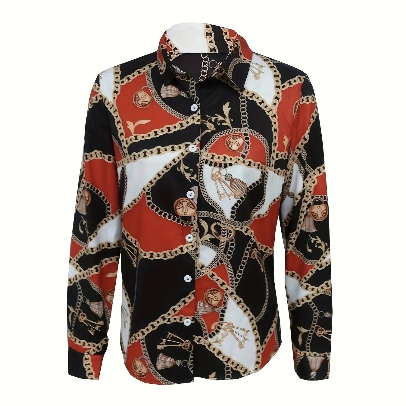 Ladies' Sexy Button Up Shirt With Fashionable Chain Print V-neck Lapel Long Sleeved Top - SJB-DIAMOND ELITES