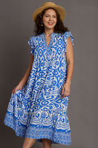 Blue Full Size Two-Tone Print Ruffle Cap Sleeve Midi Dress Plus Size Statement Piece Dress Stevvex