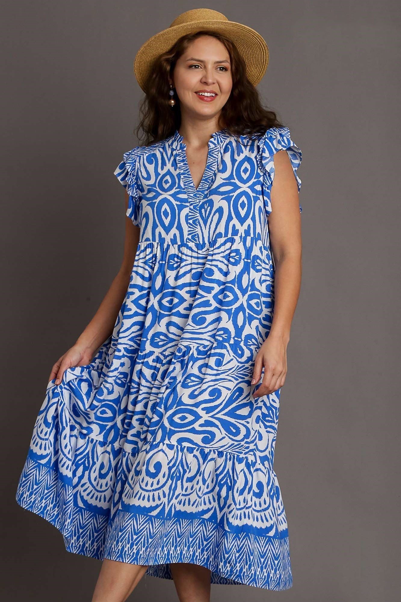 Blue Full Size Two-Tone Print Ruffle Cap Sleeve Midi Dress Plus Size Statement Piece Dress Stevvex