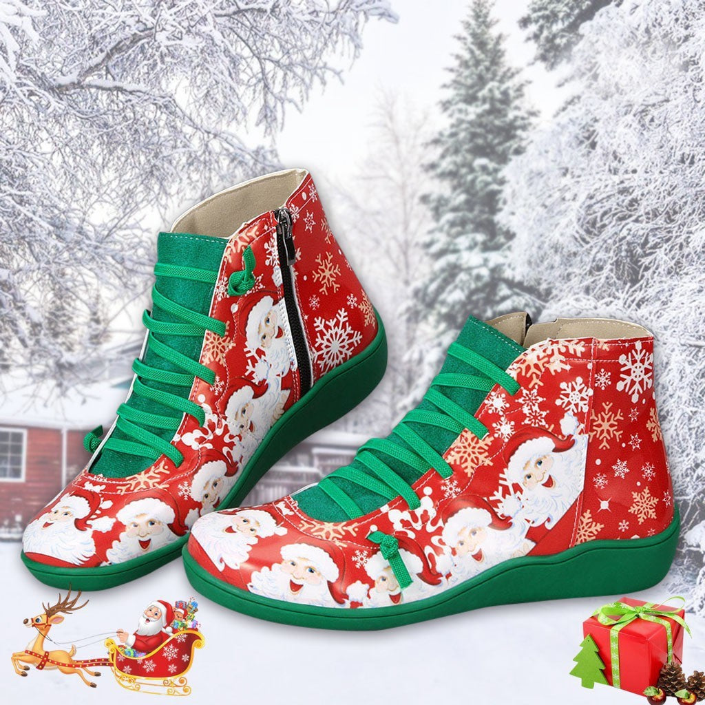 Ankle Boots Women Santa Claus Snowflake Print Flats Shoes Casual Slip-on Side Zipper Design Short Boot Pi-Mart