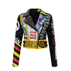 Women's Leather Print Contrast Cropped Jacket Pi-Mart
