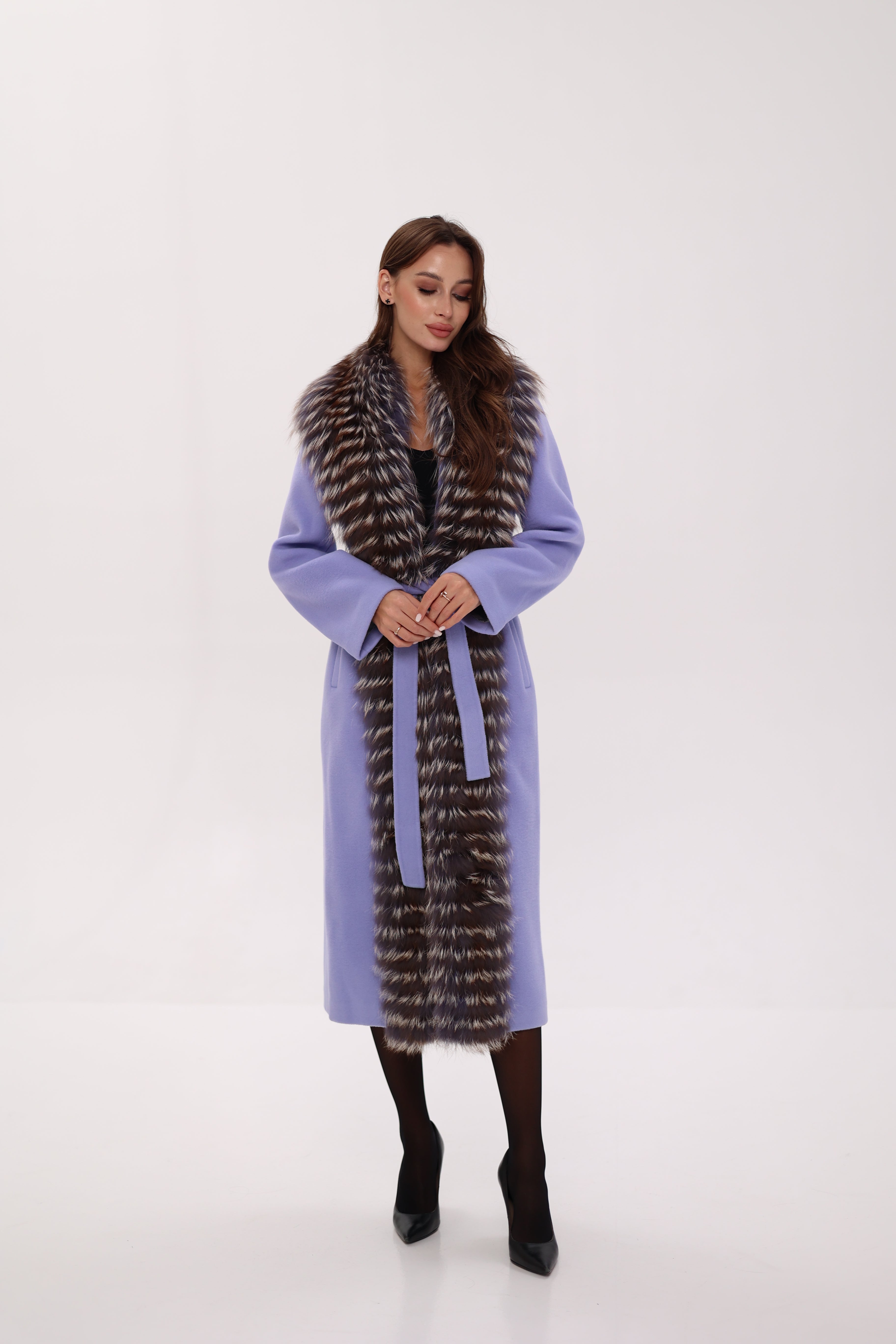 Genuine Silver Fox Virgin Wool Wrap Coat in Lavender - SJB-DIAMOND ELITES