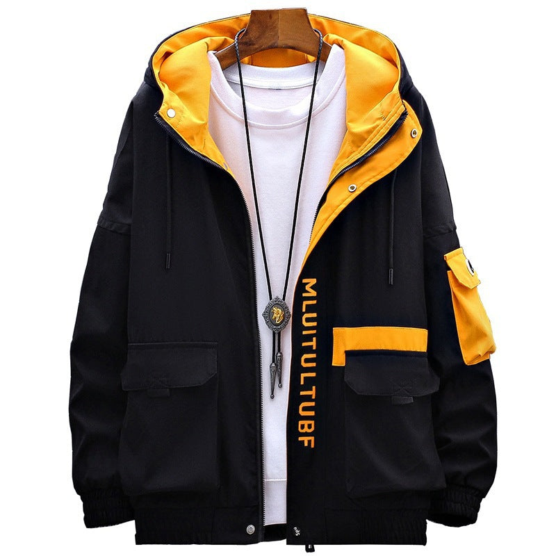 Men’s Casual Jacket – Korean Style Thickened Hooded Coat for Spring & Autumn | Trendy Youth Outerwear | Polyester Windbreaker (Yellow, Gray, Black) – Sizes M to XXXXL
