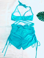 Coastal Curve Halter Bikini Set for Women – V-Neck Crisscross Drawstring Swimsuit with Chic Ring Detail & High-Waisted Boxer Shorts for Summer – Sleek Two-Piece Nylon Swimwear for Women’s Beach & Poolside Style