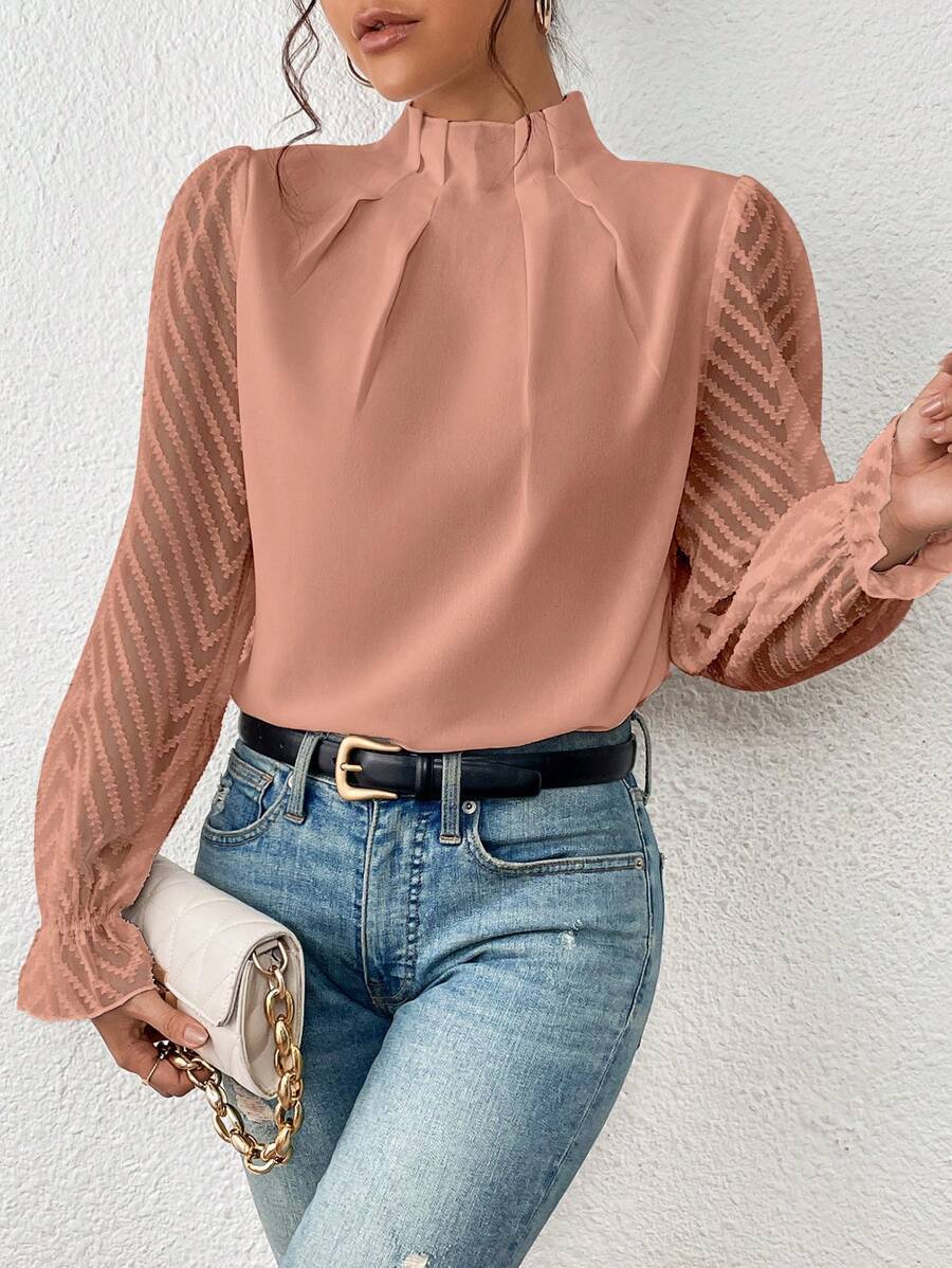 Women's Half-turtleneck Stitching Wavy Chiffon Long-sleeved Top Pi-Mart