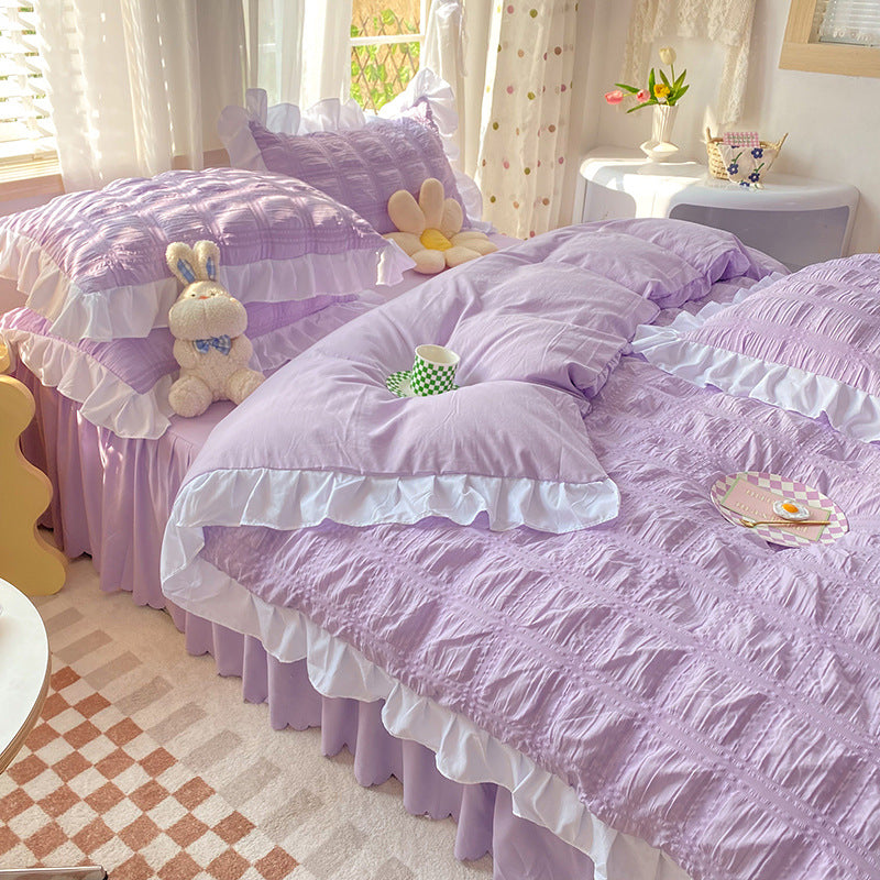 Solid Color Four-piece Quilt Cover Bed Skirt Bedding Set Pi-Mart