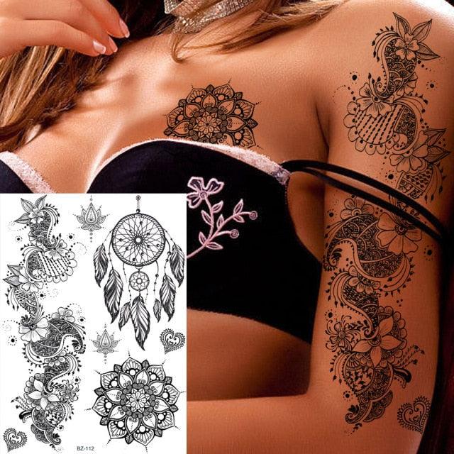 53 Sheets Black Lace Temporary Tattoos Sticker Butterfly Flower Fake Tatoo Sticker Sexy  Black Henna Temporary Tattoos For Women Stevvex
