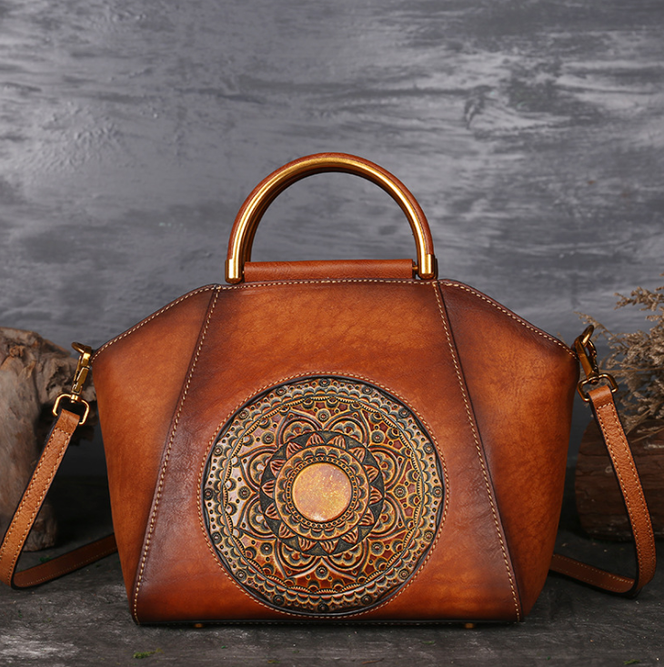 Genuine Embossed Leather Messenger Top Handle Bag Retro Handbag Totem Pattern High Quality Natural Skin Women Shoulder Tote Bags Pi-Mart