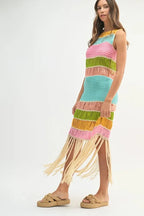 Multi Color Fringed Crochet Knit Dress For Women – Crochet Knit Dress, Fringed Dress, Multi-Color Dress, Bohemian Knit Dress, Festival Dress