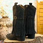 Retro Tassel Boots With Rivet Strap Buckle Design Shoes For Women Winter Footwear Fashion Mid-calf Square Heel Knight Western Boots Pi-Mart