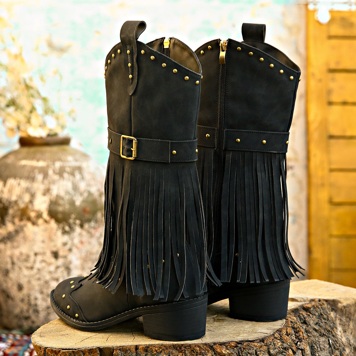 Retro Tassel Boots With Rivet Strap Buckle Design Shoes For Women Winter Footwear Fashion Mid-calf Square Heel Knight Western Boots Pi-Mart